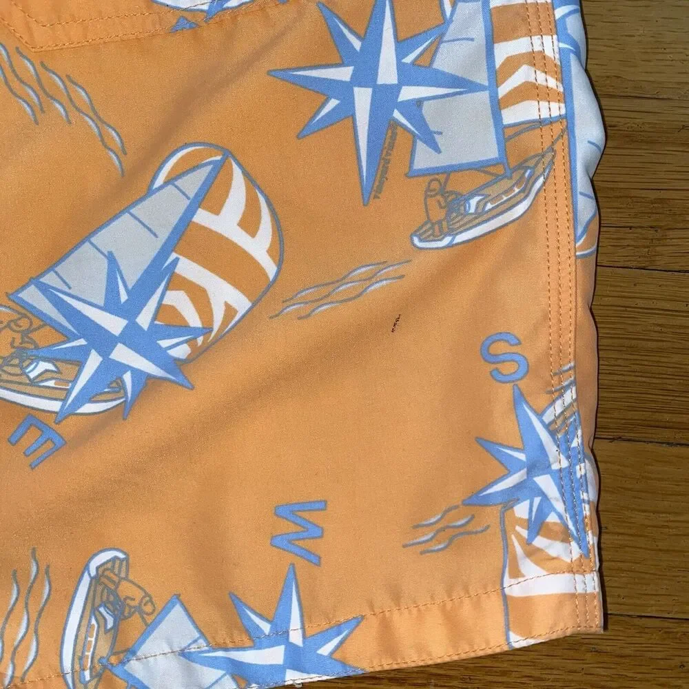 Vineyard Vines Sailboats And Compasses Swim Trunks Orange And Blue Men's Size LG